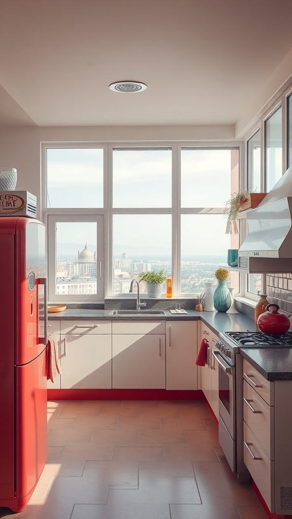 Eine helle Retro-Küche mit einem roten Kühlschrank und großen Fenstern, die einen Blick auf die Stadt bieten.
