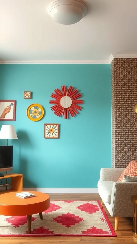 A living room with a turquoise accent wall, retro decor including a sunburst mirror, and a cozy seating area.