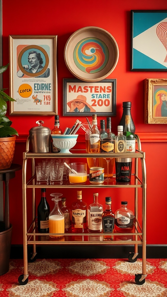 A stylish retro bar cart with various bottles and glassware against a vibrant red wall, adorned with colorful art.
