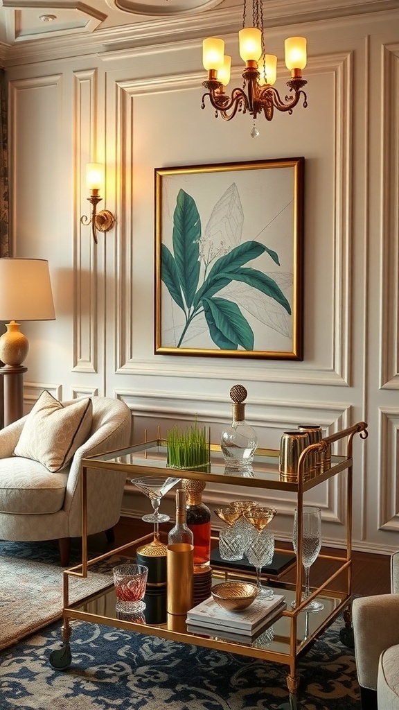 A vintage-inspired living room featuring a stylish gold bar cart, plush chairs, and warm curtains, creating a cozy and glamorous atmosphere.