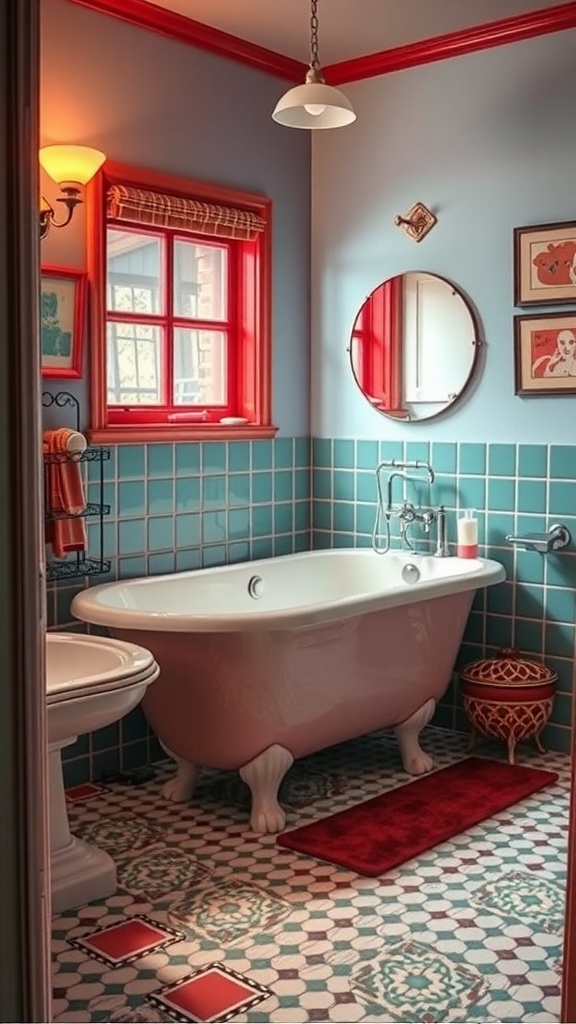 A vintage-inspired bathroom featuring a clawfoot tub, teal tiles, and warm red accents.