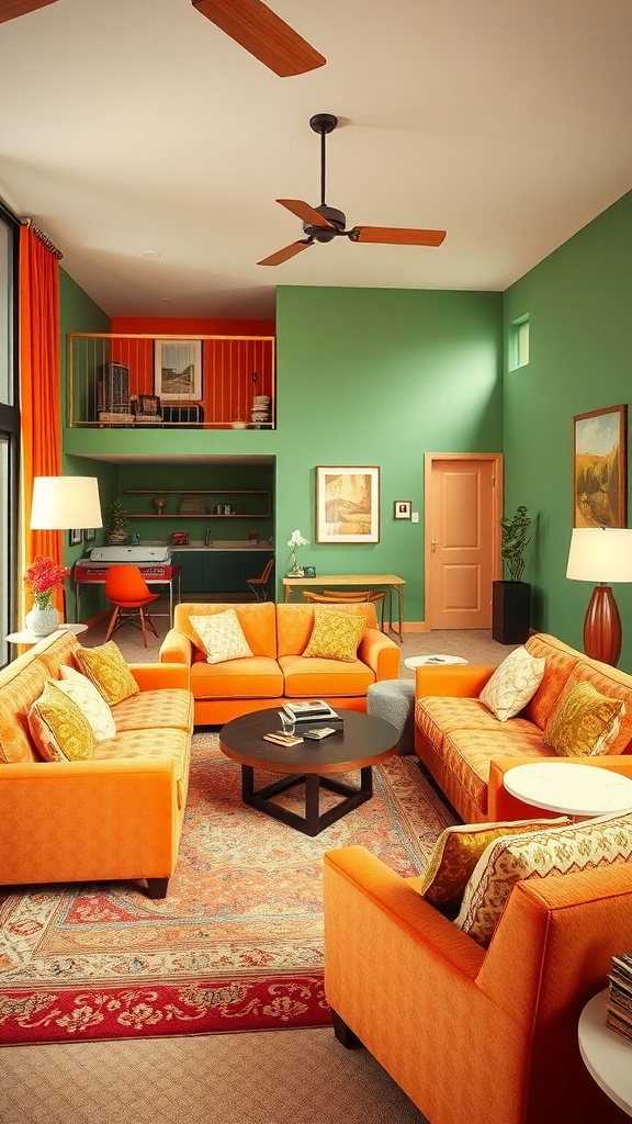 A vibrant retro sunken lounge featuring orange sofas, green walls, and a patterned rug.