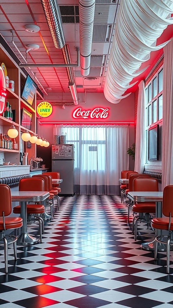 A retro diner-style kitchen featuring red accents, checkered floor, and a Coca-Cola sign.