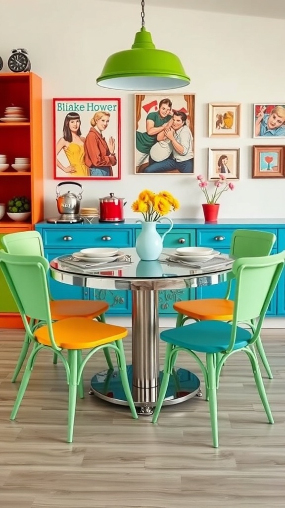 A colorful retro dining set featuring a round table with a metallic base and vibrant chairs in green, orange, and blue, set against a backdrop of vintage artwork.