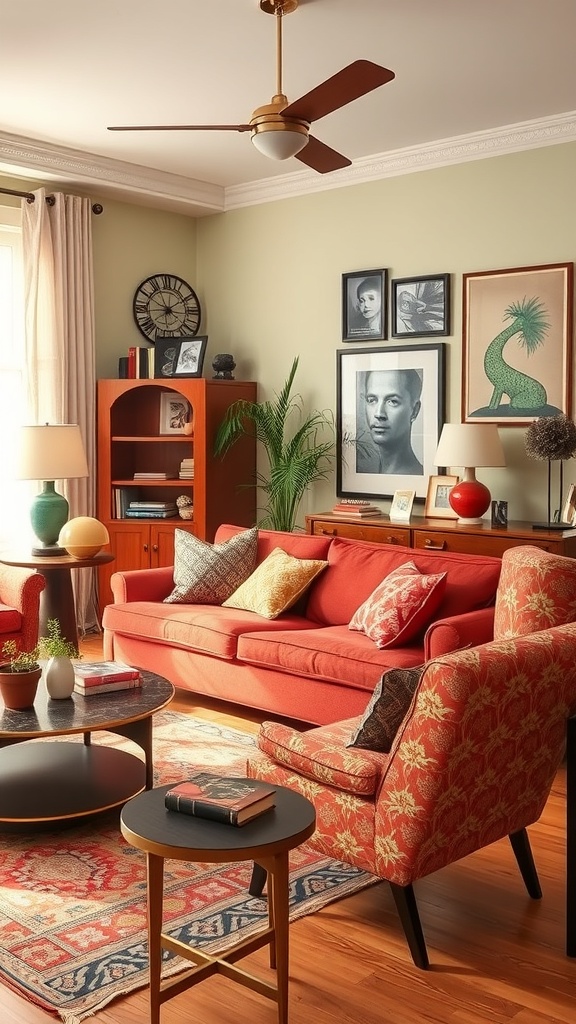 A cozy living room featuring retro furniture with bold colors and patterns.