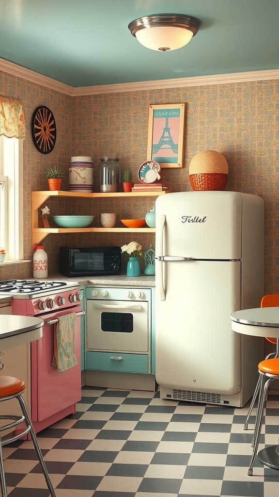 A retro kitchen featuring a pink stove, mint green accents, and a classic refrigerator.