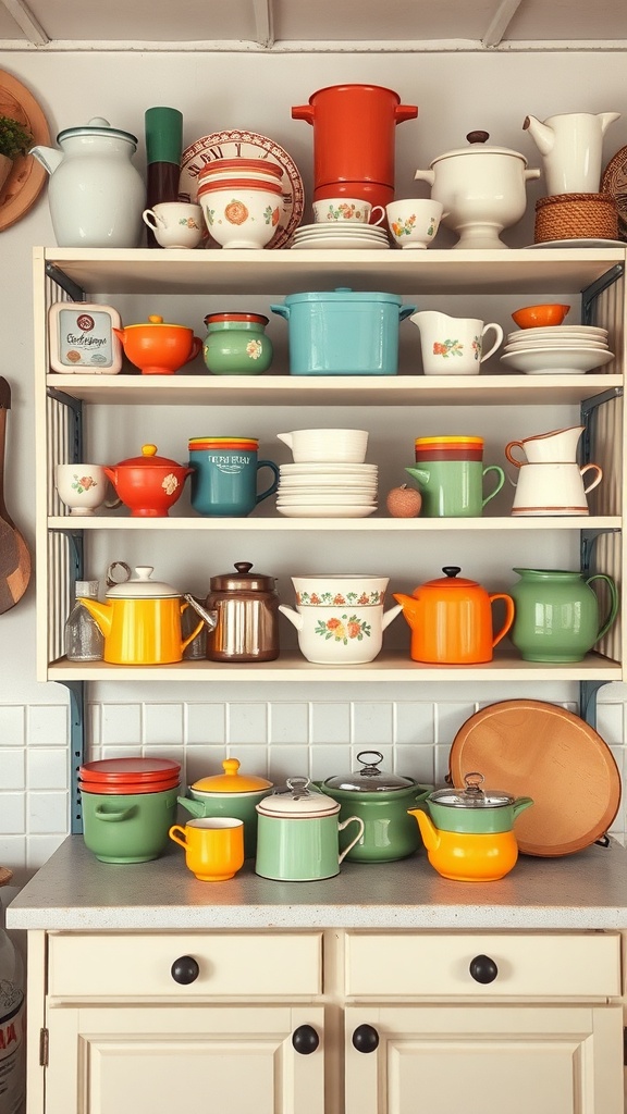 A colorful display of vintage kitchenware including teapots, bowls, and cups on shelves.