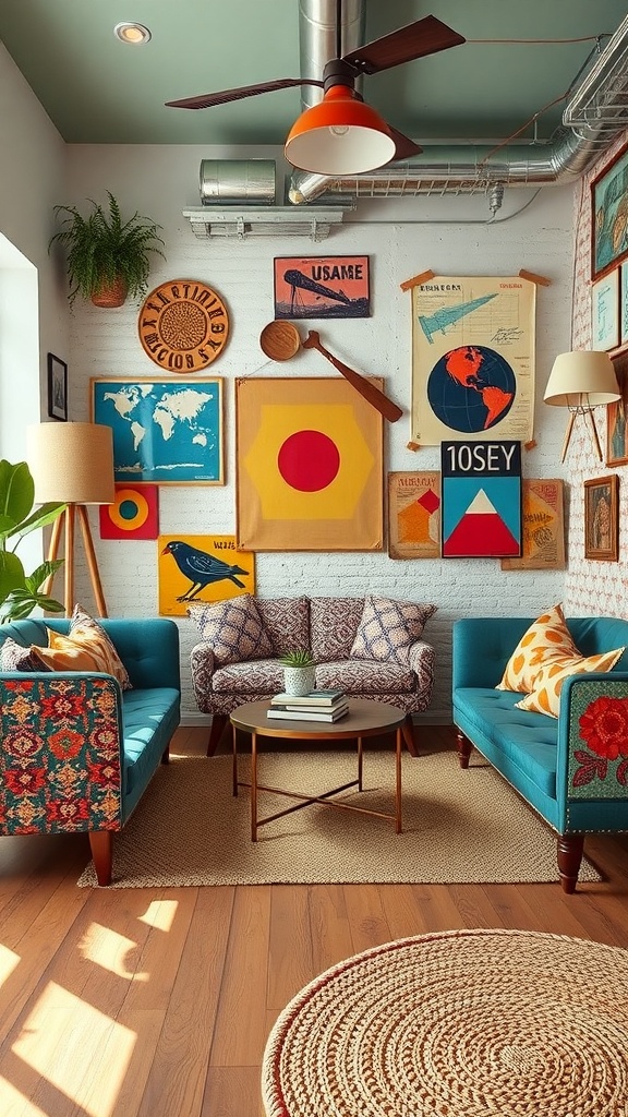 A cozy living room featuring teal sofas with retro patterns, a round coffee table, and a wall adorned with colorful vintage art pieces.