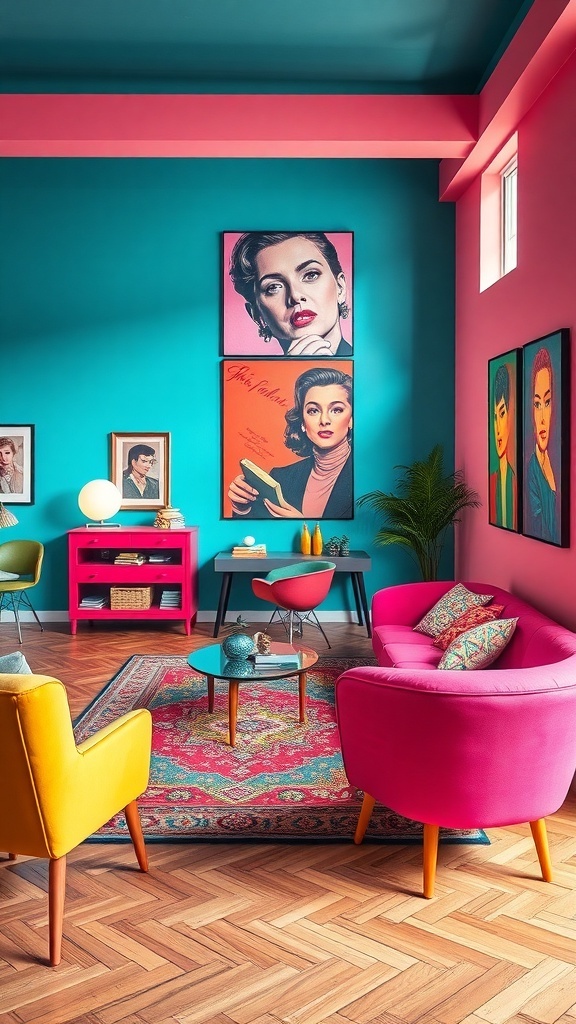 A vibrant living room featuring retro pop art accents with teal walls, colorful furniture, and striking portraits.