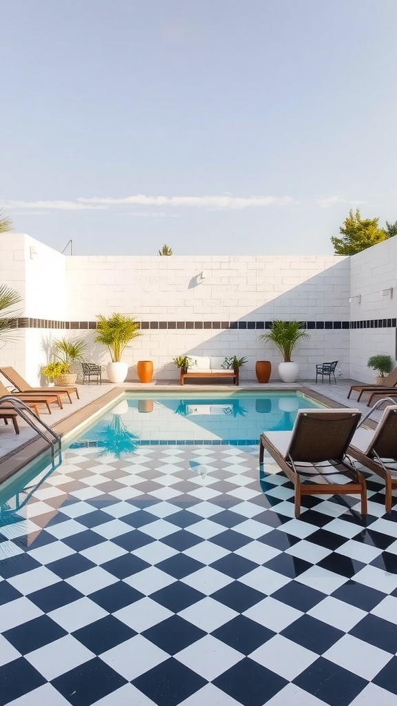 A retro-style swimming pool with checkerboard tiles, surrounded by lounge chairs and potted plants.