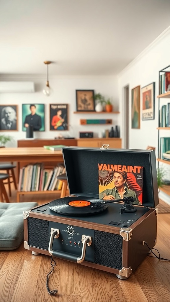 A stylish turntable with a vinyl record titled 'VALMEAINT' in a cozy living room setting.