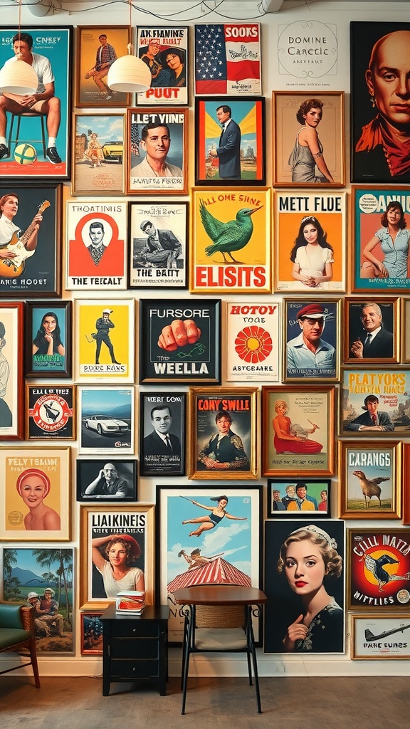 A vibrant collection of vintage posters and wall art featuring various retro designs.