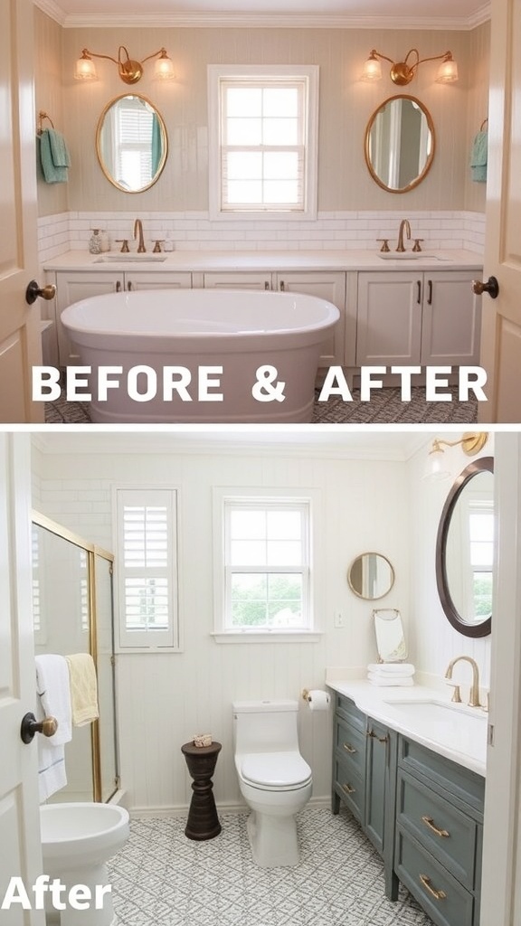 Before and after images of a bathroom makeover showcasing elegant fixtures and a modern design.