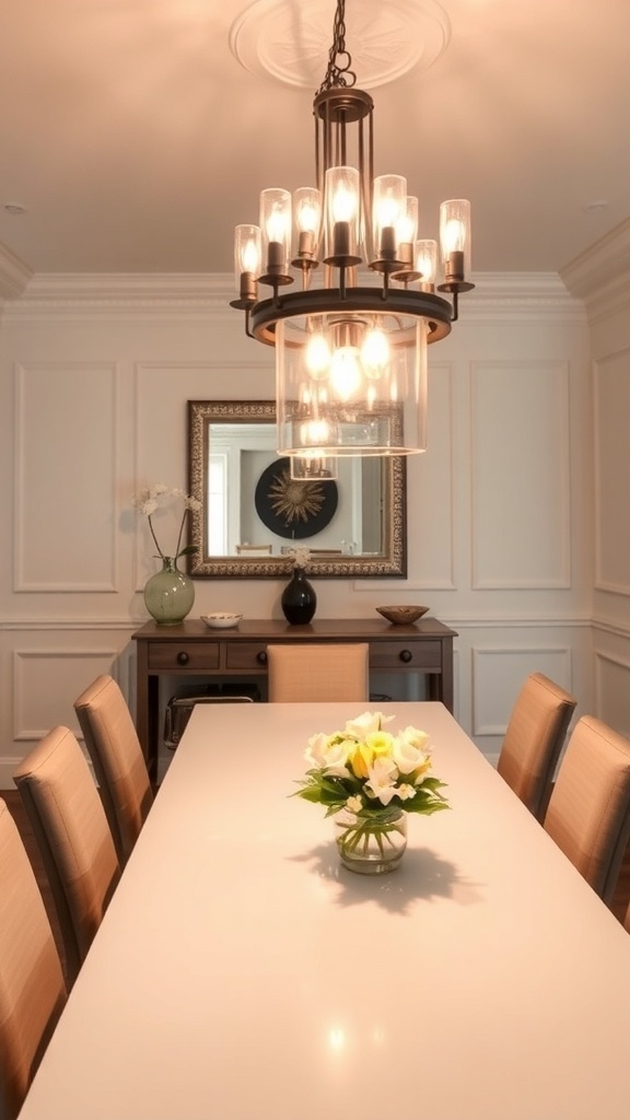 A modern dining area featuring a stylish chandelier over a round table with white chairs.