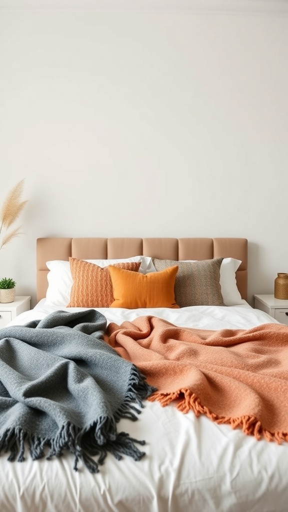 Cozy bed with colorful blankets and pillows