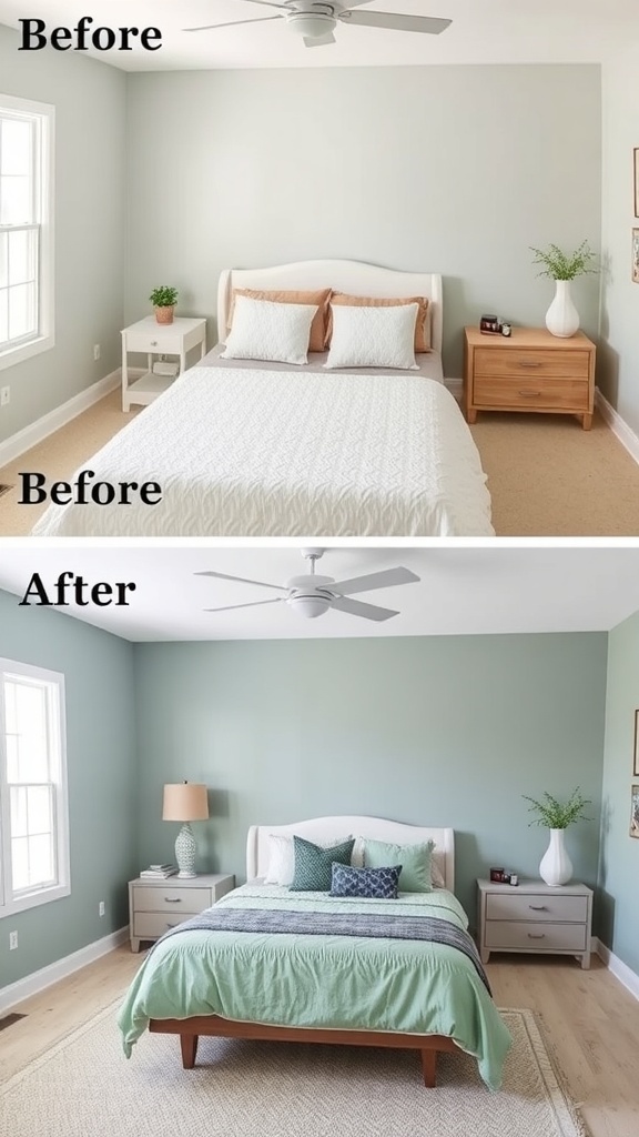 Before bedroom makeover with soft blue walls and cozy decor