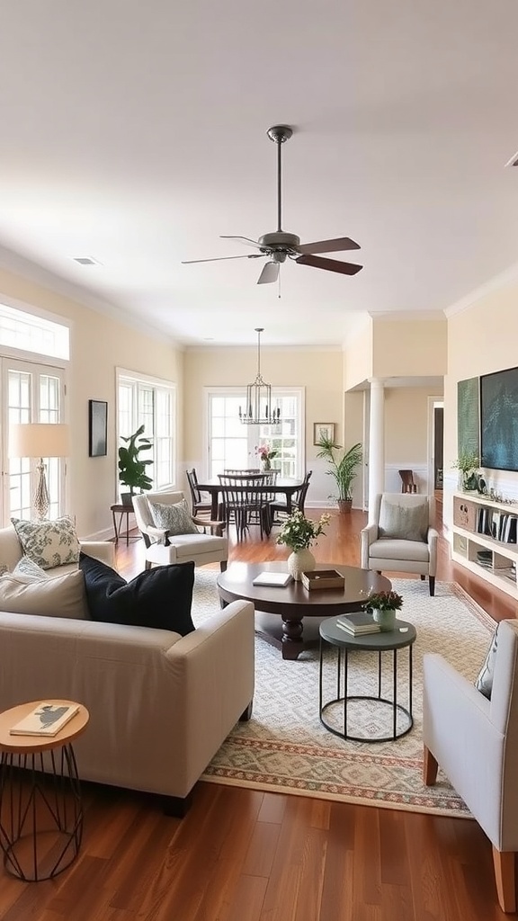 A stylish living room featuring light-colored furniture, a cozy arrangement, and decorative plants.