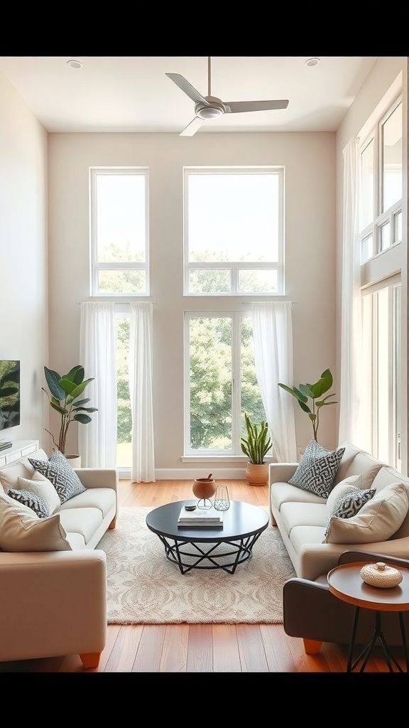 Bright and airy living room with light walls, natural light, and plants.