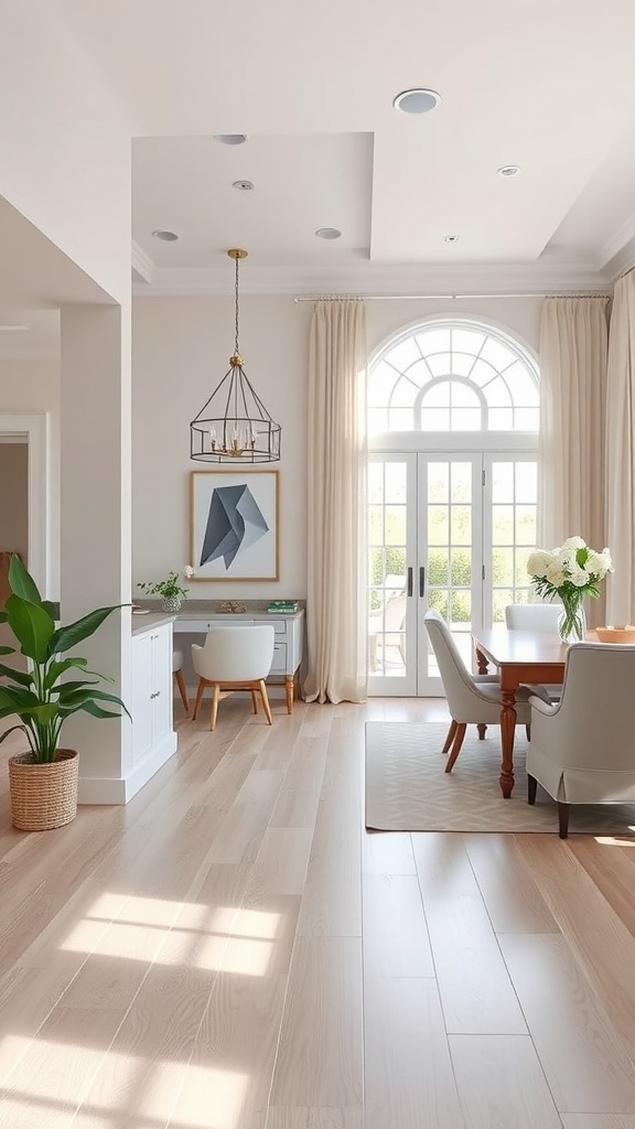 Bright and airy room with light wood flooring, a dining table, and large windows