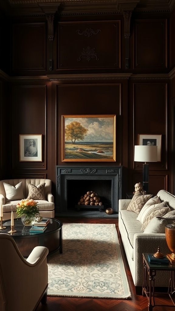 Living room with chocolate brown walls, beige sofa, colorful cushions, and elegant lighting.