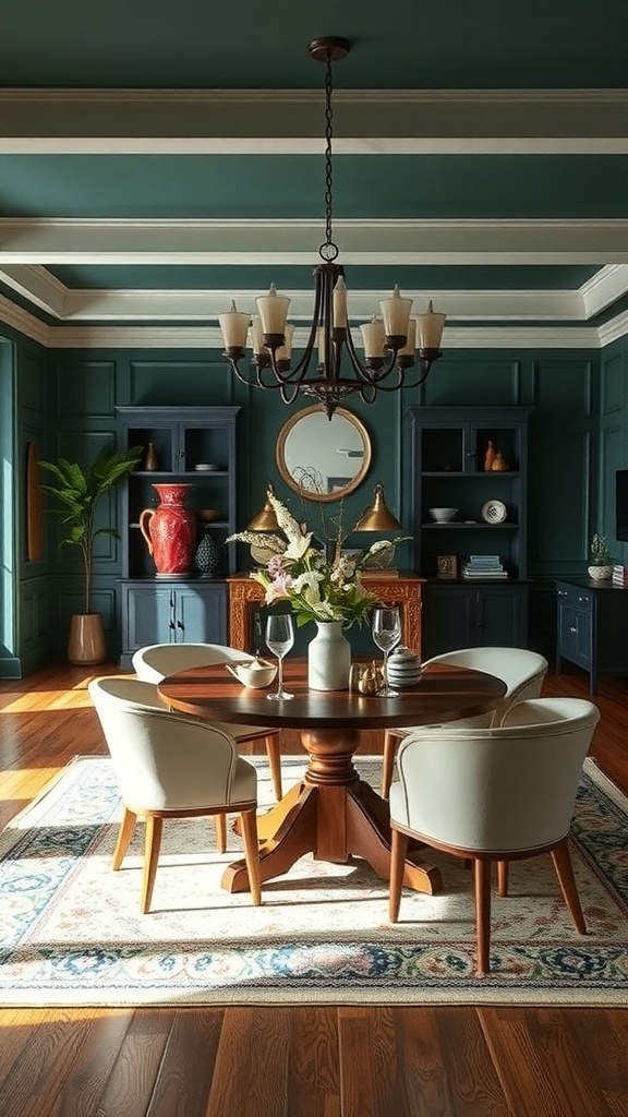 A dining room with deep teal walls, a round wooden table, white chairs, and vibrant decor.