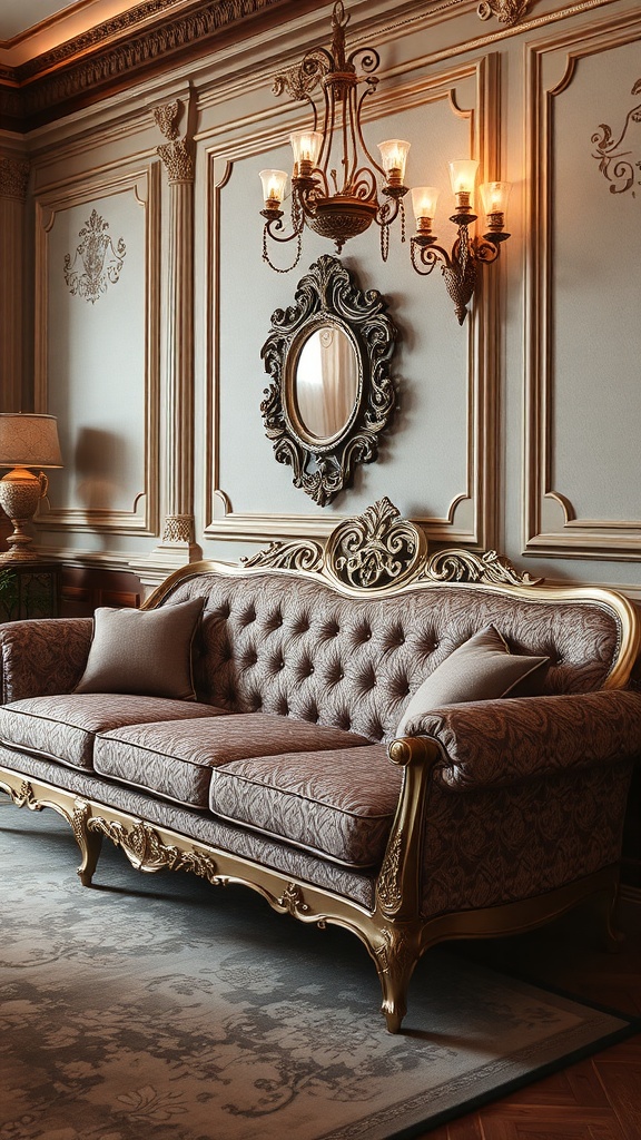 A luxurious tufted sofa with ornate wooden frame and rich upholstery in a Rococo style interior.