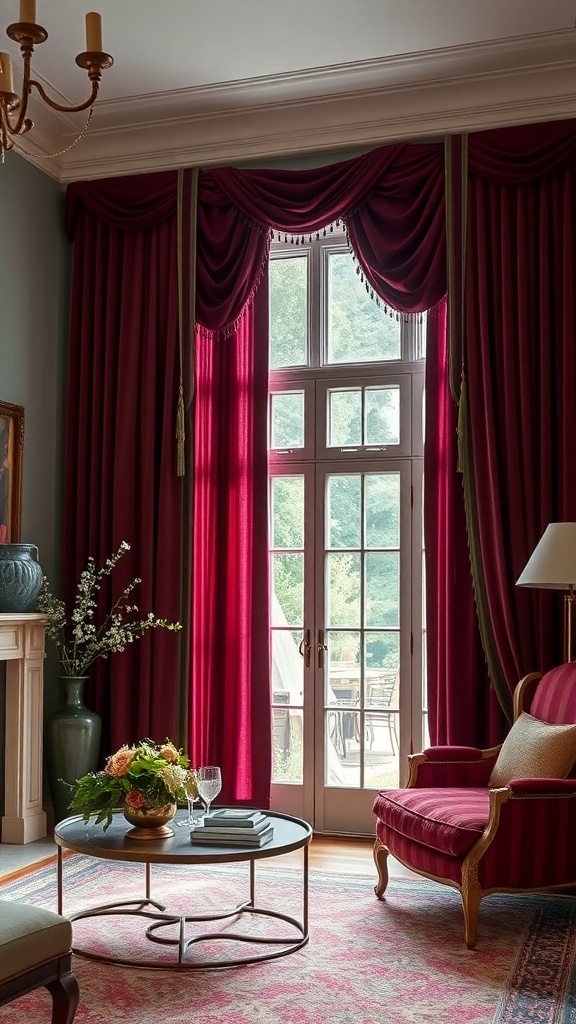 Living room with rich velvet draperies, jewel tones, and geometric accents