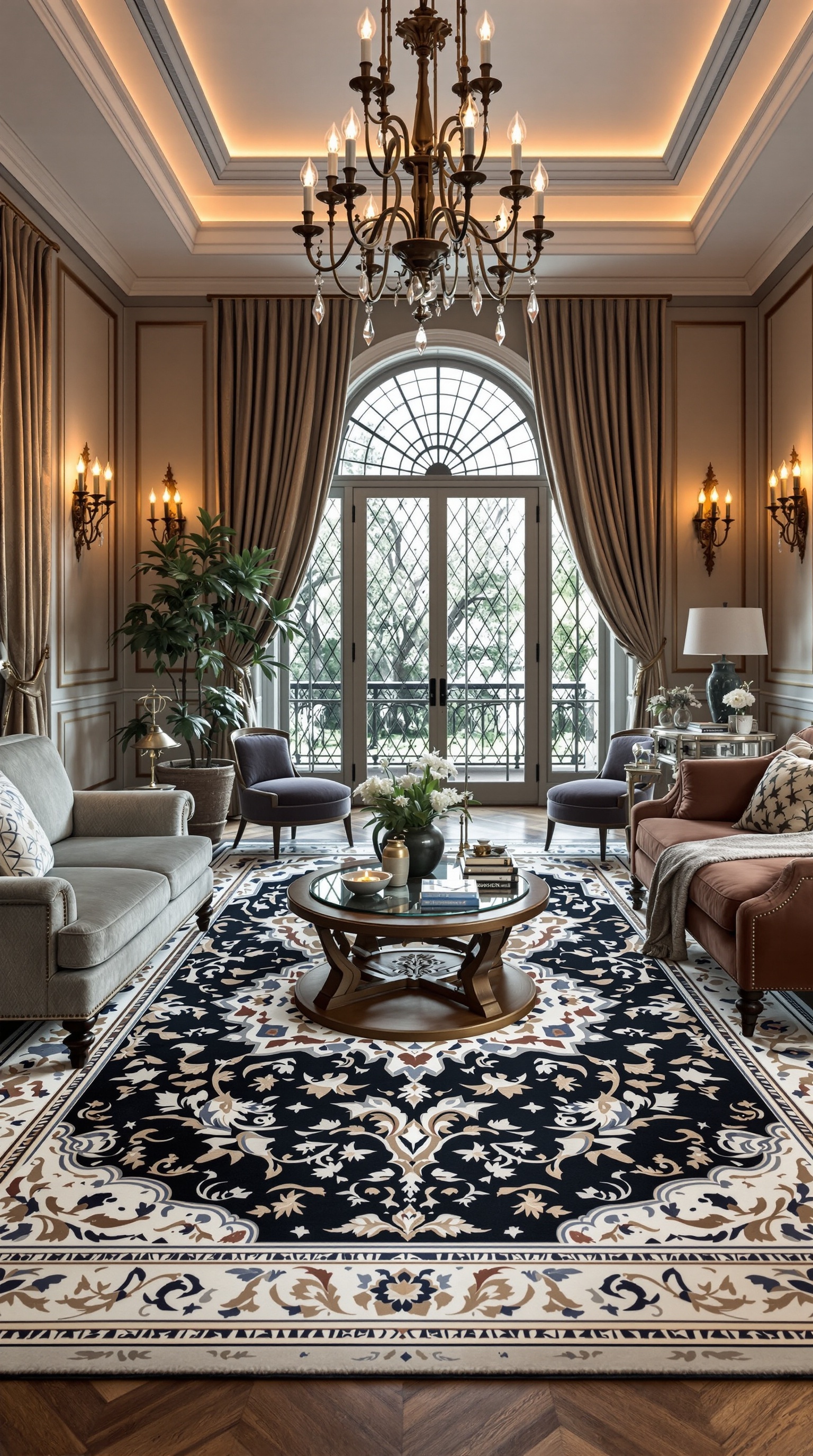 Luxuriöses Wohnzimmer mit reichhaltig detailliertem Teppich, eleganten Sofas und einem Glastisch