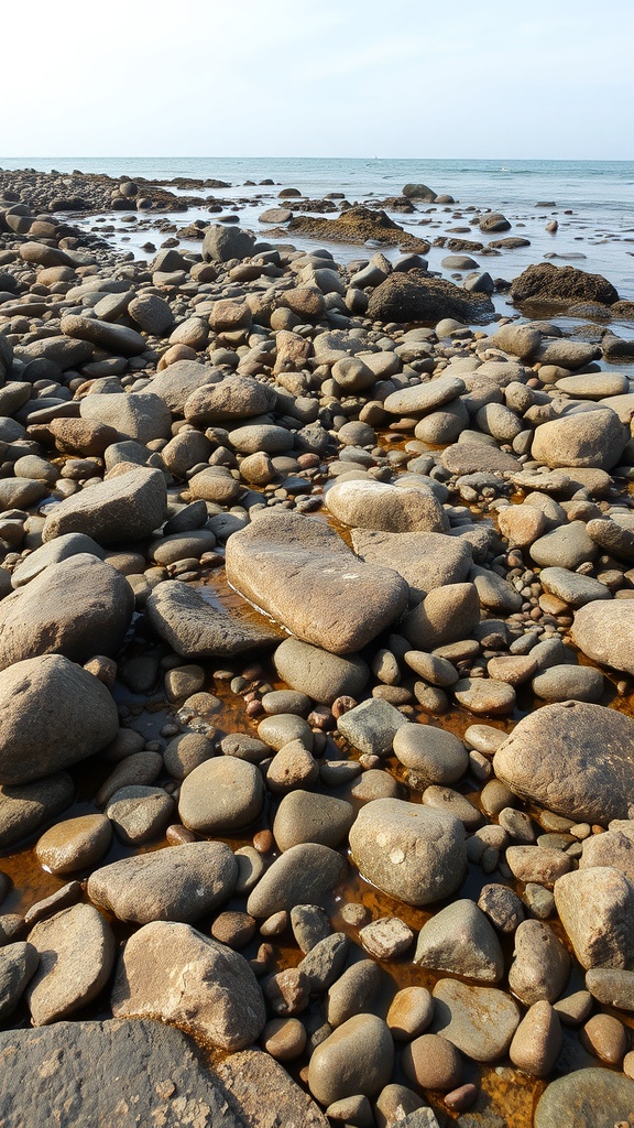 Rocky shoreline with tide pools and smooth stones by the ocean