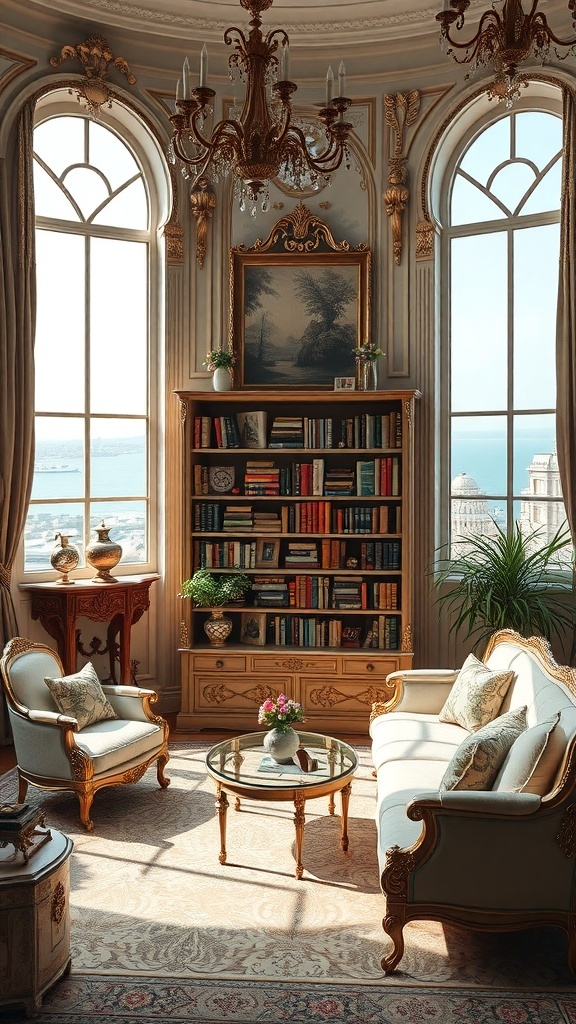 Ein elegantes Rococo-Wohnzimmer mit einem kunstvoll gestalteten Bücherregal, großen Fenstern und luxuriösen Möbeln.