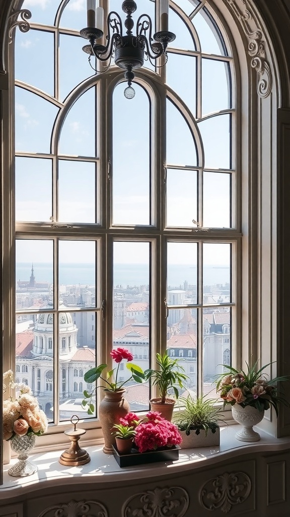 Fenster mit Rococo-Design und dekorierten Fensterbänken mit Pflanzen
