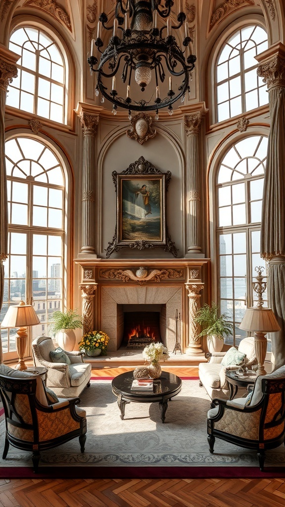 Ein luxuriöses Rococo-Wohnzimmer mit einem kunstvoll gestalteten Kamin, großen Fenstern und eleganten Möbeln.