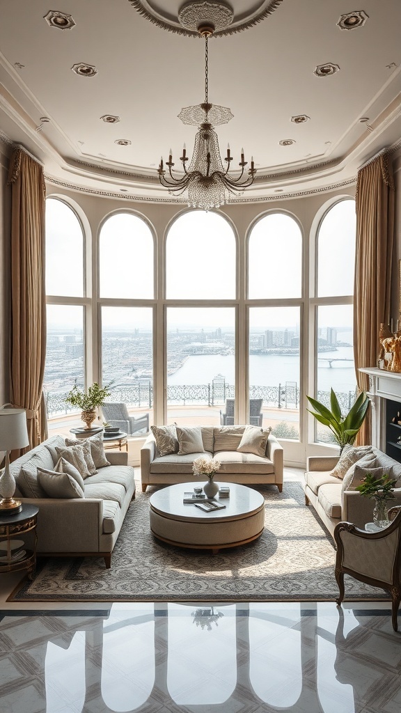 Modernes Wohnzimmer mit Rococo-Elementen, großen Fenstern und eleganter Einrichtung.