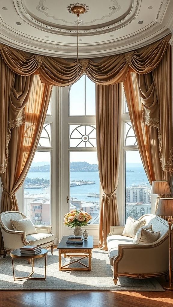 Ein elegantes Wohnzimmer im Rococo-Stil mit goldenen Vorhängen und einer schönen Aussicht.