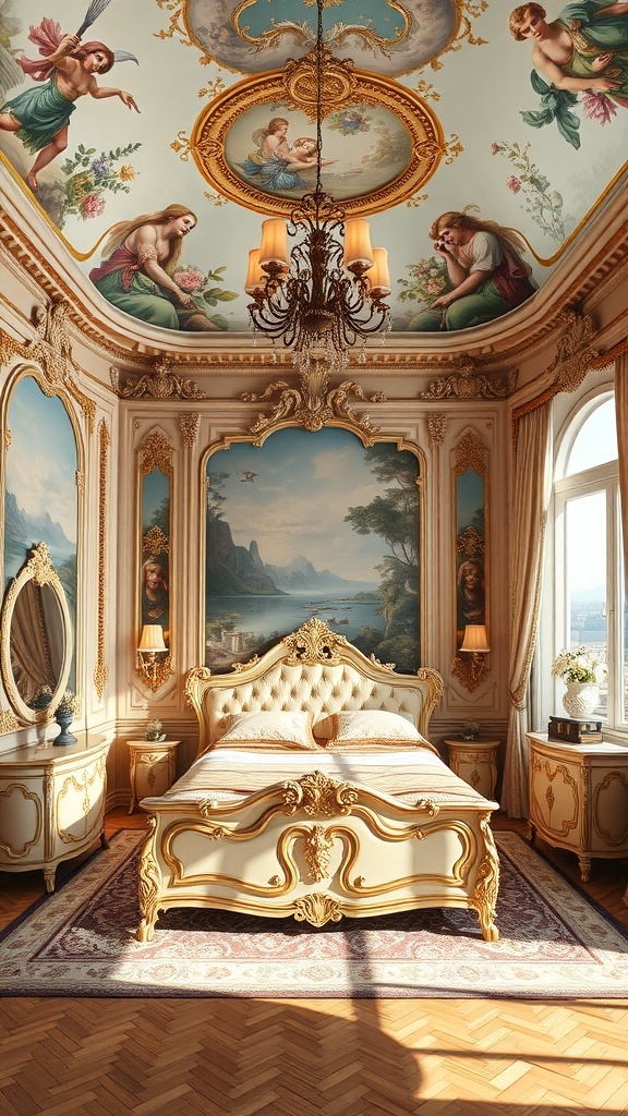 Luxuriöses Rokoko Schlafzimmer mit kunstvoller Decke und eleganten Möbeln