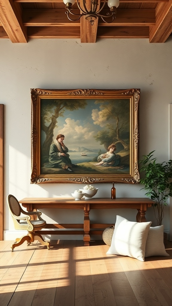 Rococo-inspired artwork in a cozy room with wooden furniture and natural light.