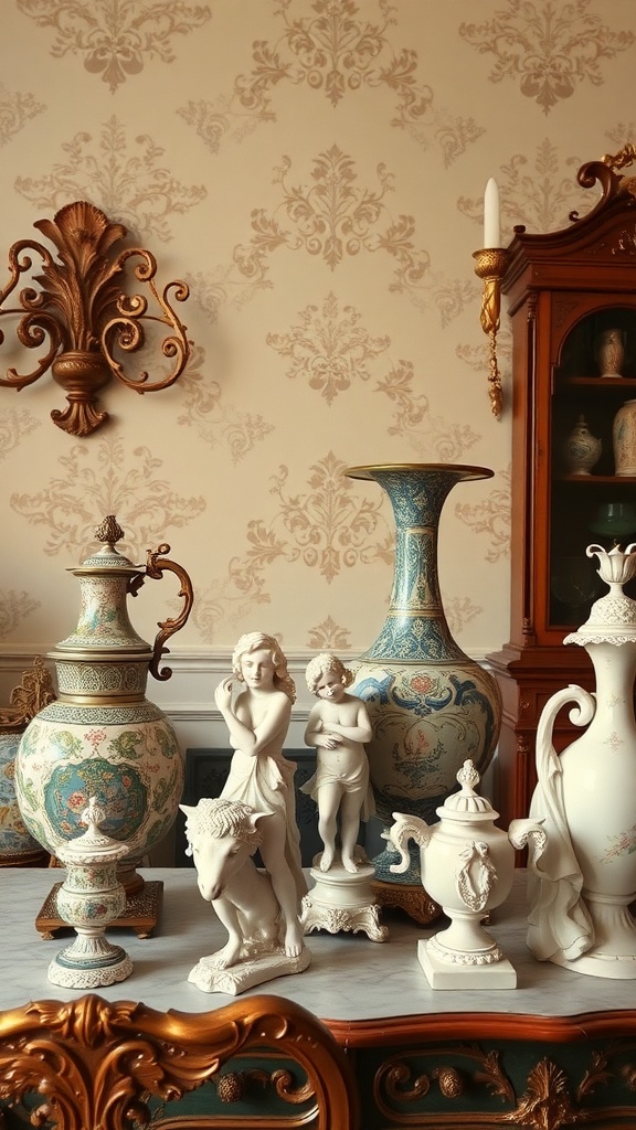 A collection of Rococo-inspired decorative accessories including vases and figurines on a marble surface.