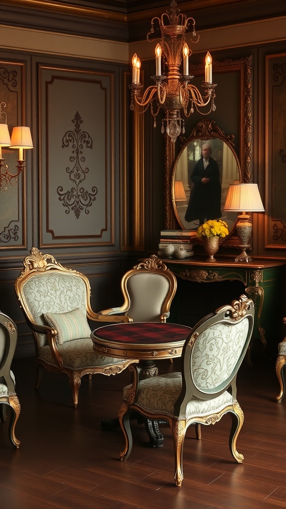 A cozy Rococo-inspired interior featuring ornate gold furniture, a chandelier, and a large mirror.