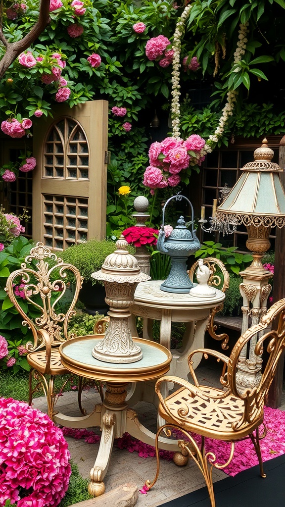 A Rococo-inspired garden setting featuring ornate chairs and a table surrounded by pink flowers and greenery.