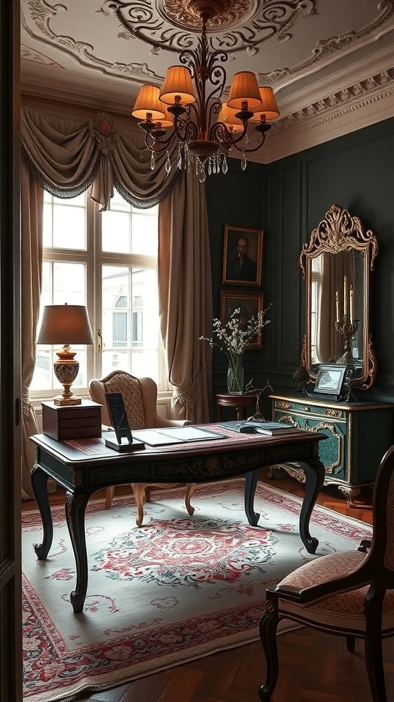 A Rococo-inspired home office featuring a dark green color scheme, ornate chandelier, elegant desk, and decorative elements.