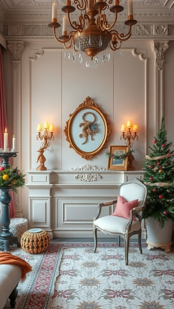 A beautifully decorated room featuring Rococo-inspired decor with a chandelier, wall sconces, a Christmas tree, and elegant furniture.
