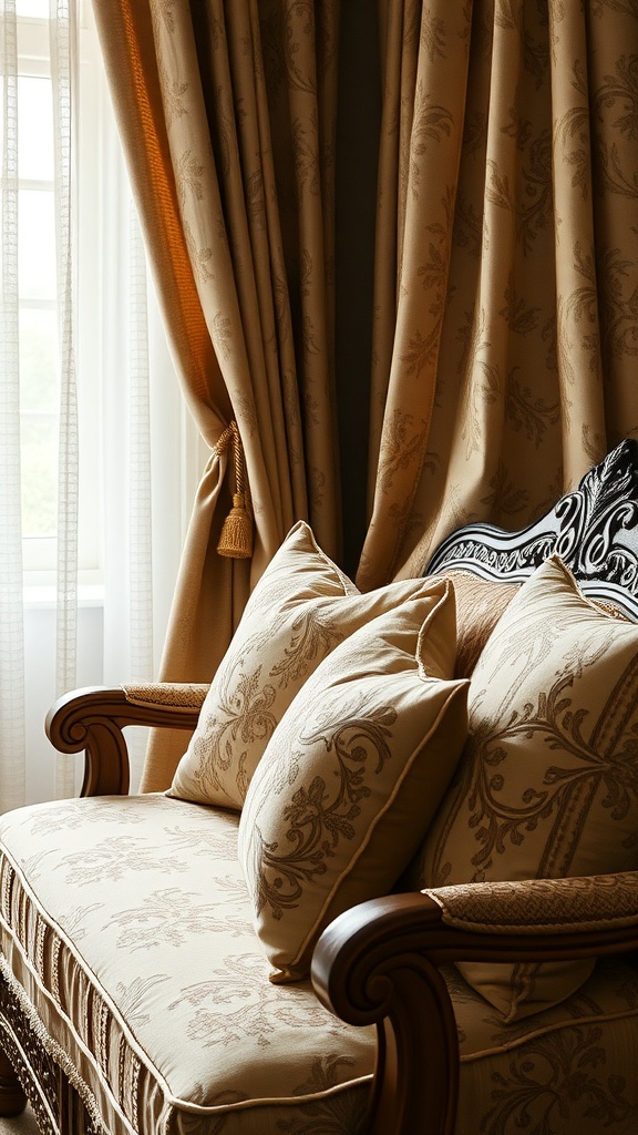 A cozy sofa with Rococo-inspired textiles and elegant curtains.