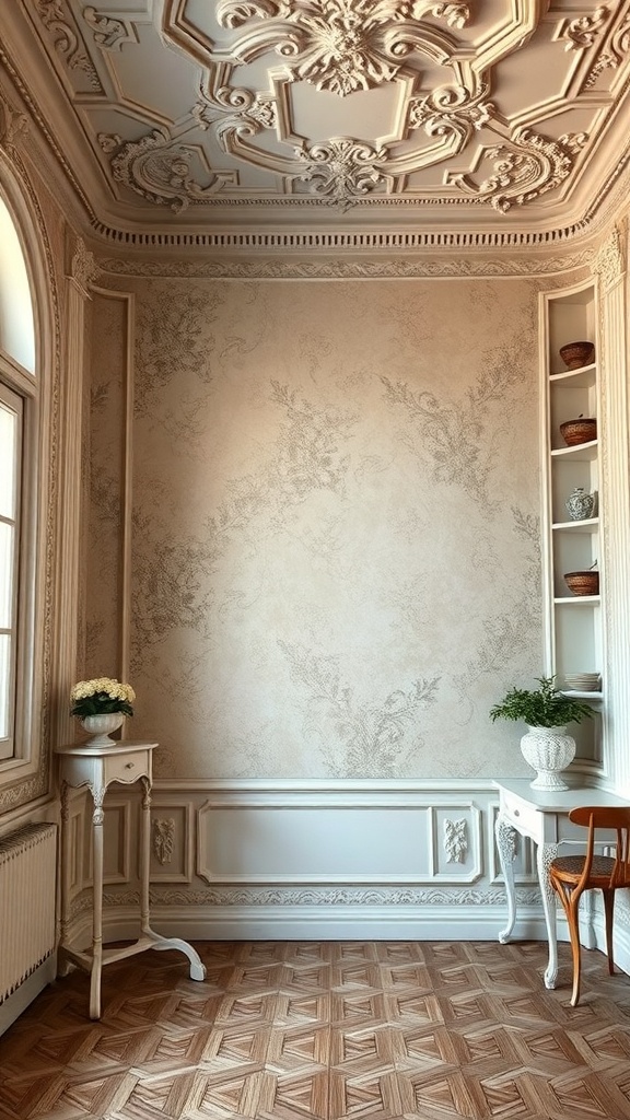 A beautifully decorated room with textured walls and an ornate ceiling, featuring vintage French-inspired decor.