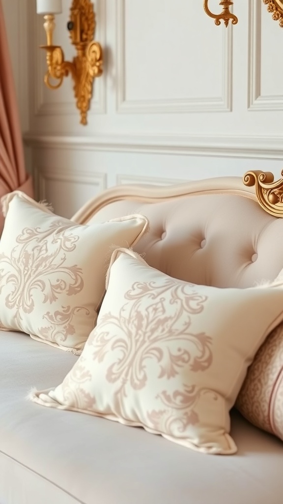 Rococo-inspired throw pillows on a vintage sofa