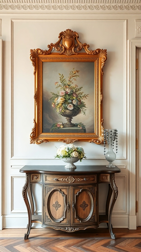 A vintage floral painting in an ornate gold frame above a wooden console table with decorative items.