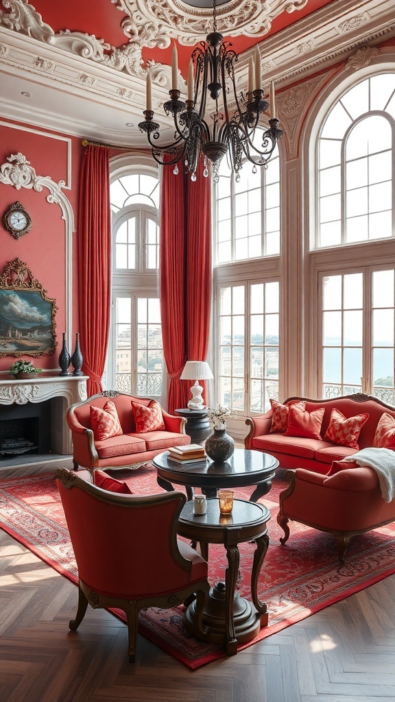 Ein luxuriöses Wohnzimmer im Rococo-Stil mit roten Wänden, eleganten Möbeln und einem Kronleuchter.