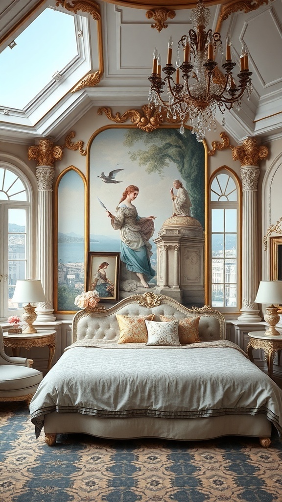 Rococo Schlafzimmer mit Wandgemälde einer Dame und eleganten Möbeln