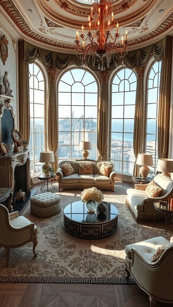 Ein luxuriöses Rococo-Wohnzimmer mit großen Fenstern, einem Kronleuchter und eleganten Möbeln.