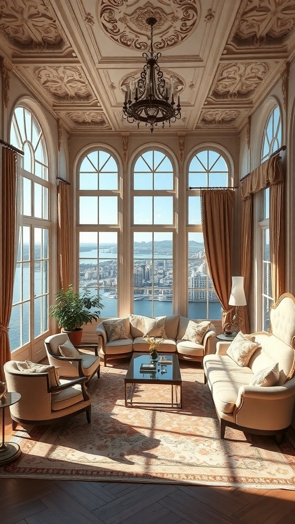 Ein luxuriöses Rococo-Wohnzimmer mit hohen Fenstern, eleganten Möbeln und einem schönen Blick auf die Stadt.