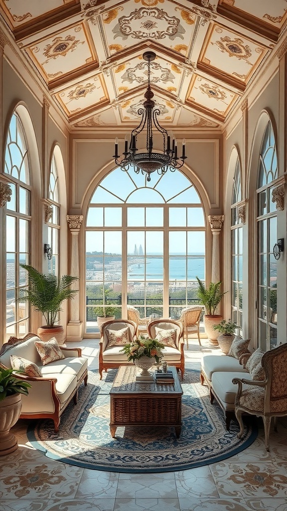 Ein elegantes Wohnzimmer im Rococo-Stil mit großen Fenstern und Blick auf die Natur.